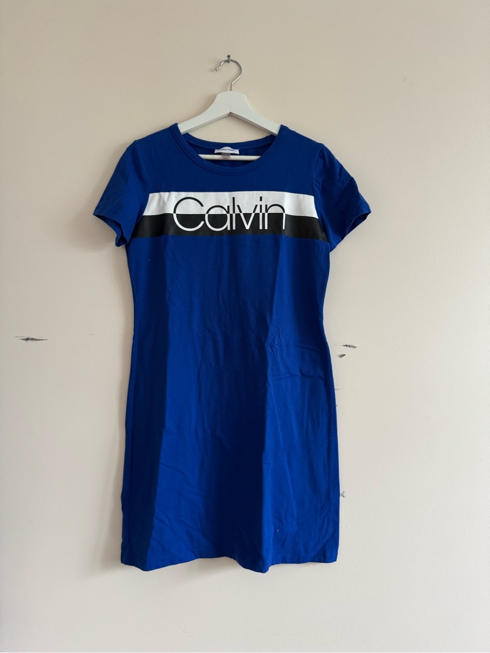 Calvin Klein Royal Blue Logo Tee Dress with Black & White Stripe